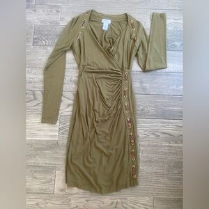 Carmen Marc Valvo Olive Long Sleeve Dress with Grommet Detail